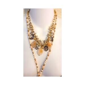 2 Beaded Necklaces Lot Peach Goldtone Gray Long Fringe Lariat Glass Gemstone